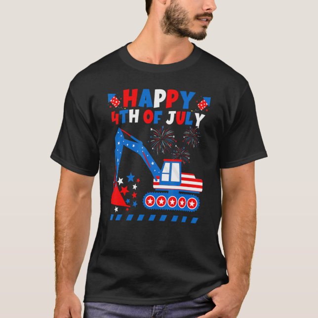Excavator Patriotic With American Flag Happy 4th O T-Shirt (Front)