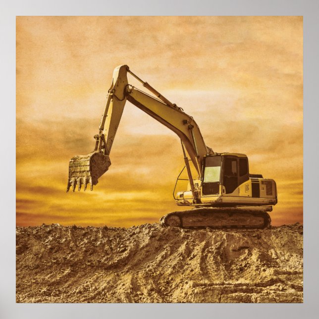Excavator Poster – Heavy Equipment at Sunset (Front)