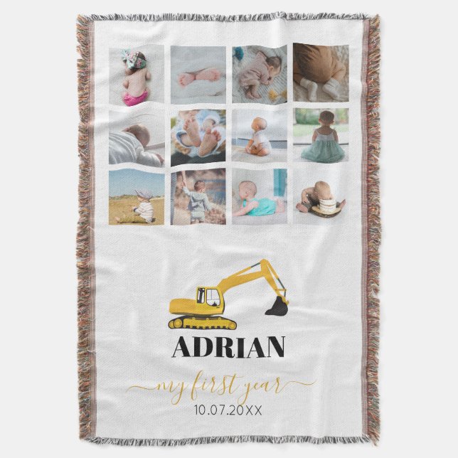 Excavator Truck Baby First Year Photo Collage Throw Blanket (Front Vertical)