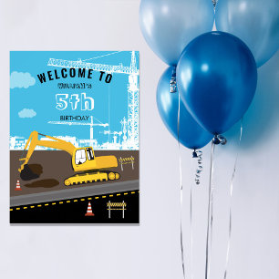 Excavator Truck Construction Trucks Birthday Party Poster