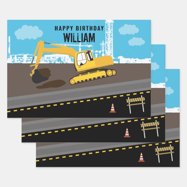 Excavator Truck Construction Trucks Site Birthday Wrapping Paper Sheet (Set)