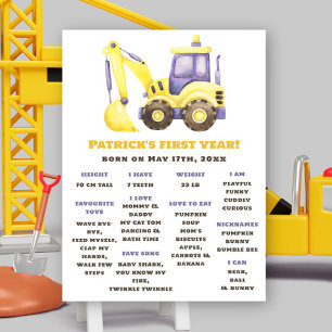 Excavator Truck First Birthday Milestone Birthday Poster