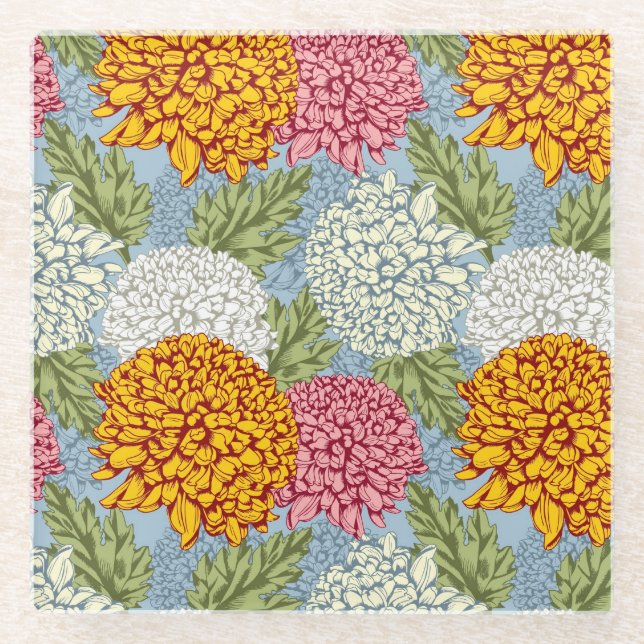 Excellent pattern with chrysanthemums glass coaster (Front)