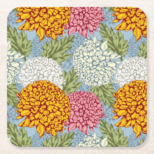 Excellent pattern with chrysanthemums square paper coaster (Front)