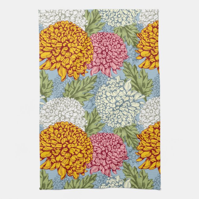 Excellent pattern with chrysanthemums tea towel (Vertical)