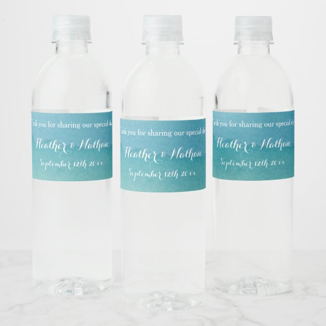 Exceptional aqua blue watercolor wedding water bottle label (Bottles)