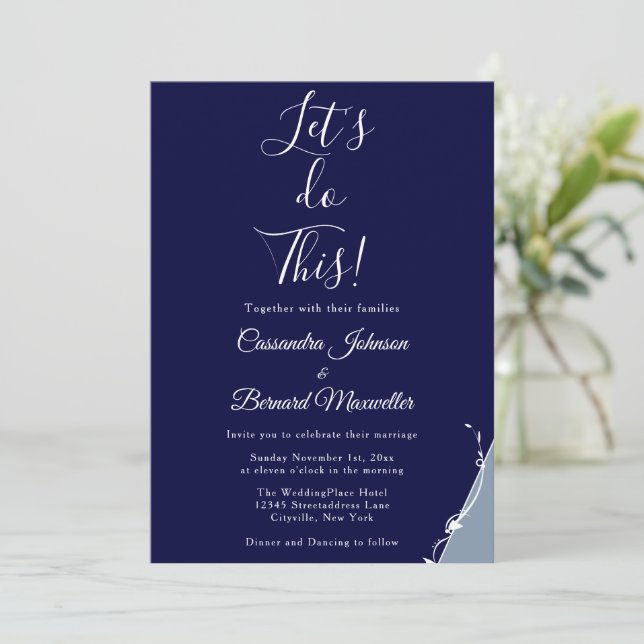 Excited Blue White Typography Minimal Wedding  Inv Invitation (Standing Front)
