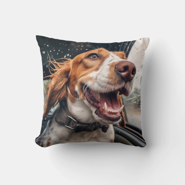 Excited Dog on Rainy Car Ride Art Print Cushion (Front)