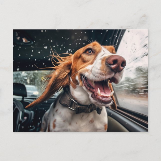 Excited Dog on Rainy Car Ride Art Print Postcard (Front)