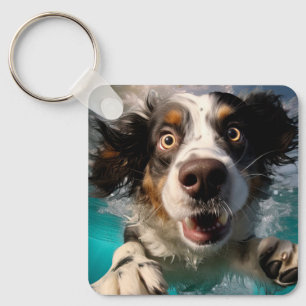 Excited Dog Swimming Underwater Design Key Ring