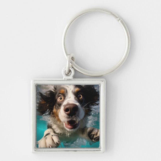 Excited Dog Swimming Underwater Design Key Ring (Front)