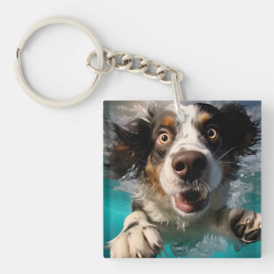 Excited Dog Swimming Underwater Design Key Ring