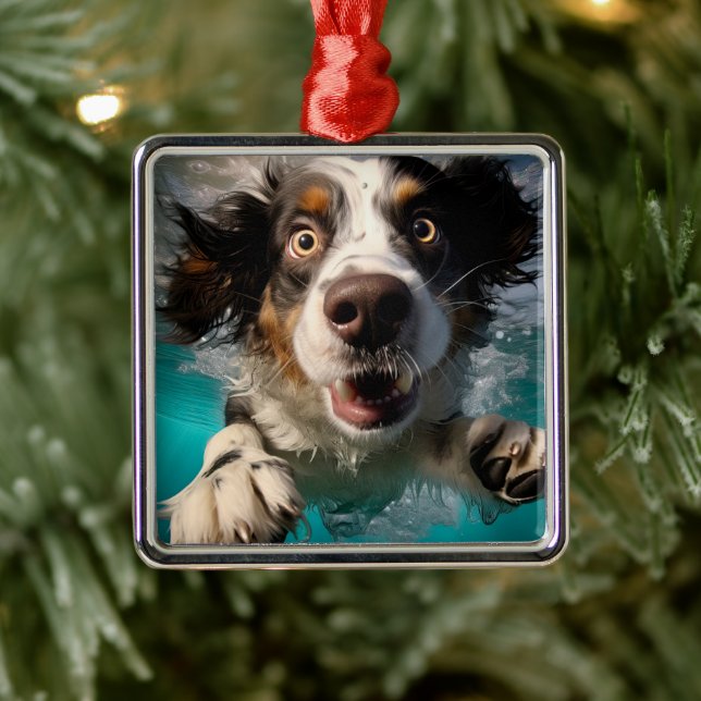 Excited Dog Swimming Underwater Design Metal Ornament (Tree)