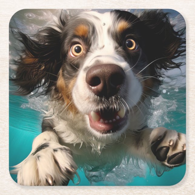 Excited Dog Swimming Underwater Design Square Paper Coaster (Front)