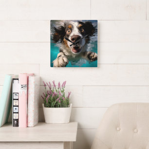 Excited Dog Swimming Underwater Design Square Wall Clock