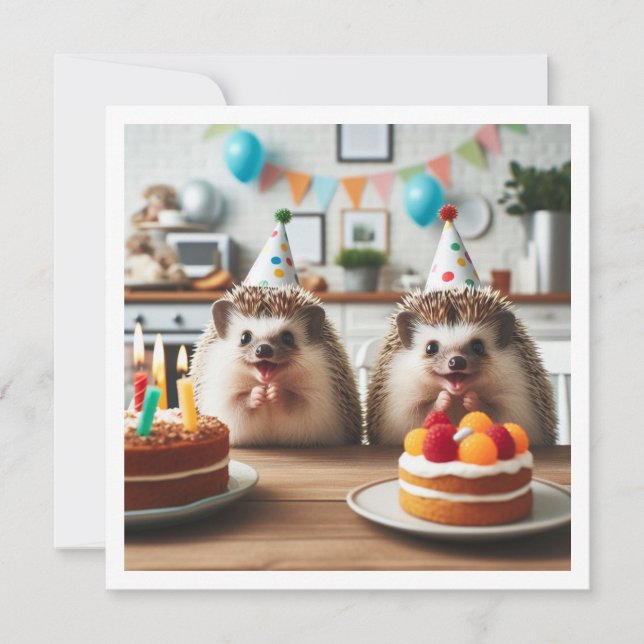 Excited hedgehogs celebrating birthday with cake invitation (Front)
