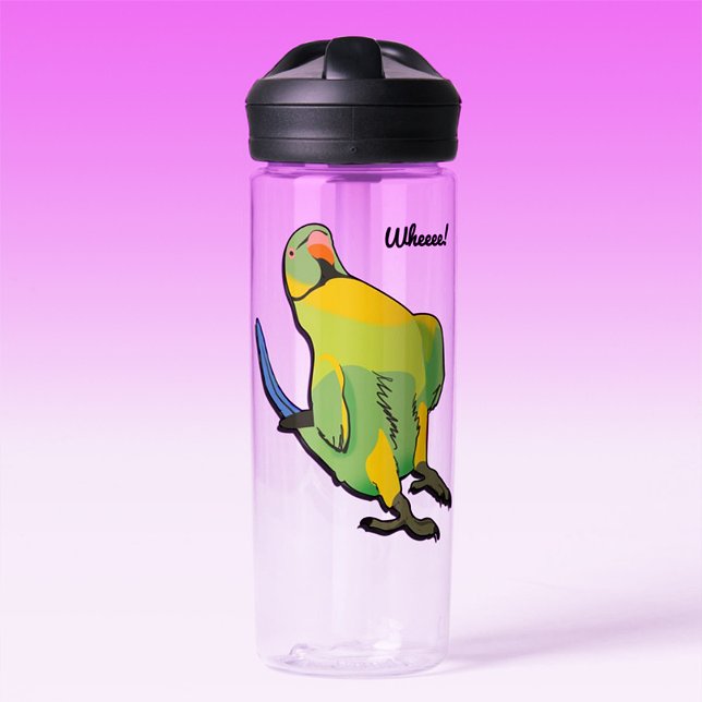Excited Indian Ringneck Parrot Cute Green Yellow Water Bottle (Creator Uploaded)