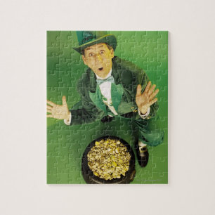 Excited leprechaun with pot of gold jigsaw puzzle