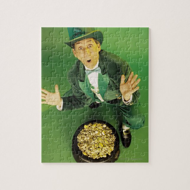 Excited leprechaun with pot of gold jigsaw puzzle (Vertical)