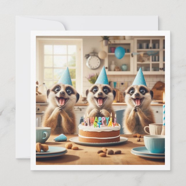 Excited meerkats celebrating birthday with cake invitation (Front)