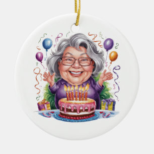 Excited Old Lady Birthday Cake Art Ceramic Ornament