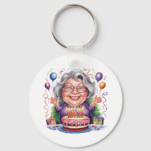 Excited Old Lady Birthday Cake Art Key Ring