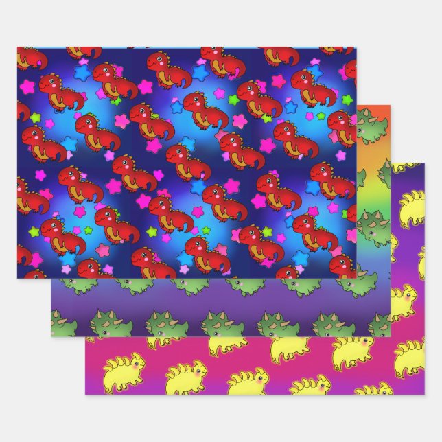 Exciting Dinosaur with Rainbow Galaxy Stars Wrapping Paper Sheet (Set)