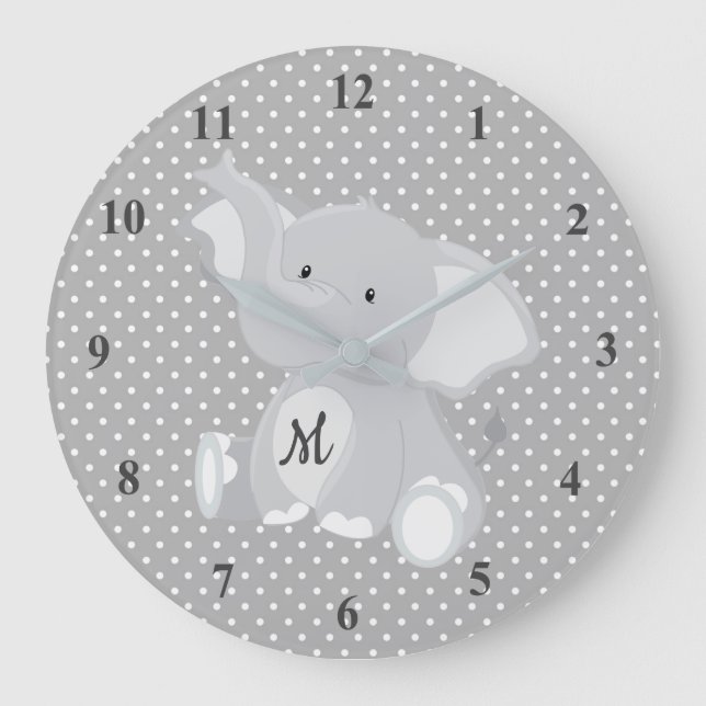Exciting Monogram Elephant Polka dots Large Clock (Front)