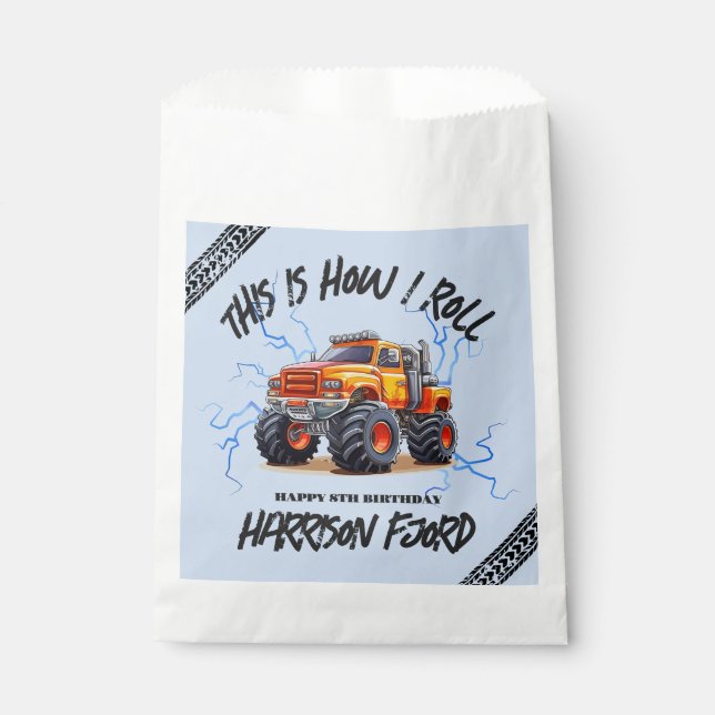 Exciting Orange Monster Truck Boys Birthday Party Favour Bag (Front)