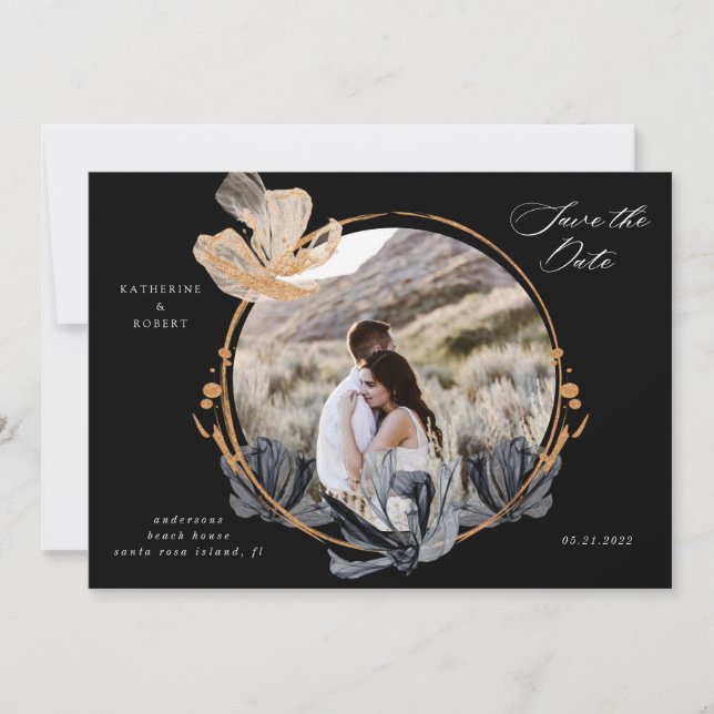 Exclusive Black Gold Floral Save The Date Invitation (Front)