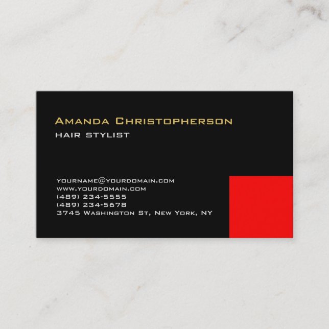Exclusive Black Red Trendy Hair Stylist Business Card (Front)