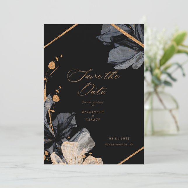Exclusive Gold Black Floral Save The Date Card (Standing Front)