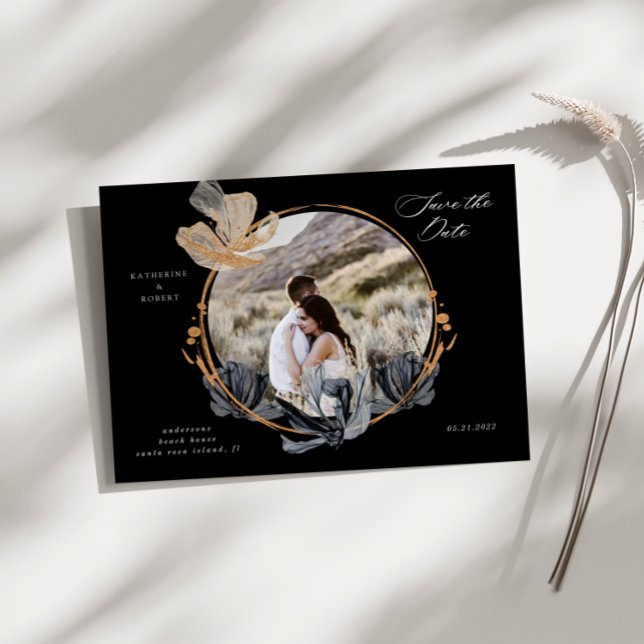 Exclusive Gold Black Floral Save the Date Postcard (Creator Uploaded)