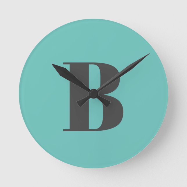 Exclusive Light Teal Grey Monogram Initial Letter Round Clock (Front)