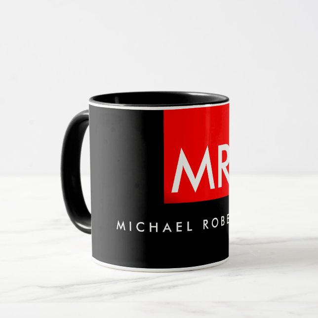 Exclusive Monogram Black Red Stripe Elegant Mug (Front Left)