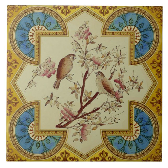 Exclusive Repro Hand Glazed Birds Victorian Ceramic Tile (Front)