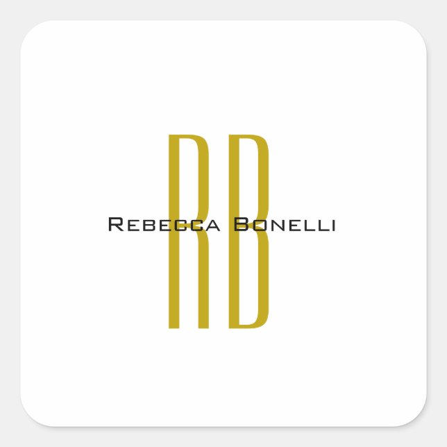 Exclusive Unique Gold Colour Monogram Modern Name Square Sticker (Front)