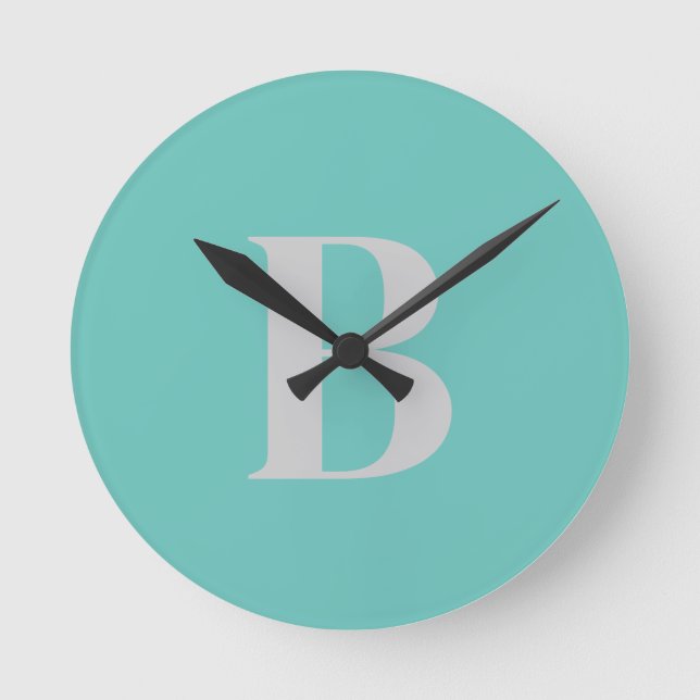 Exclusive Unique Light Teal Grey Monogram Initial Round Clock (Front)