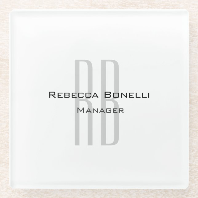 Exclusive Unique White Grey Monogram Modern Glass Coaster (Front)