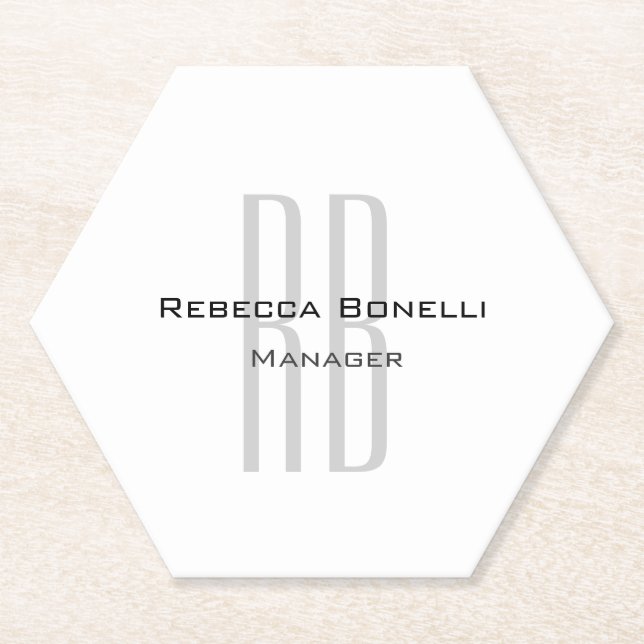 Exclusive Unique White Grey Monogram Modern Paper Coaster (Front)