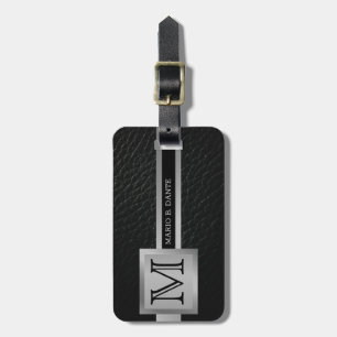 Executive Black Leather & Silver Metal monogrammed Luggage Tag