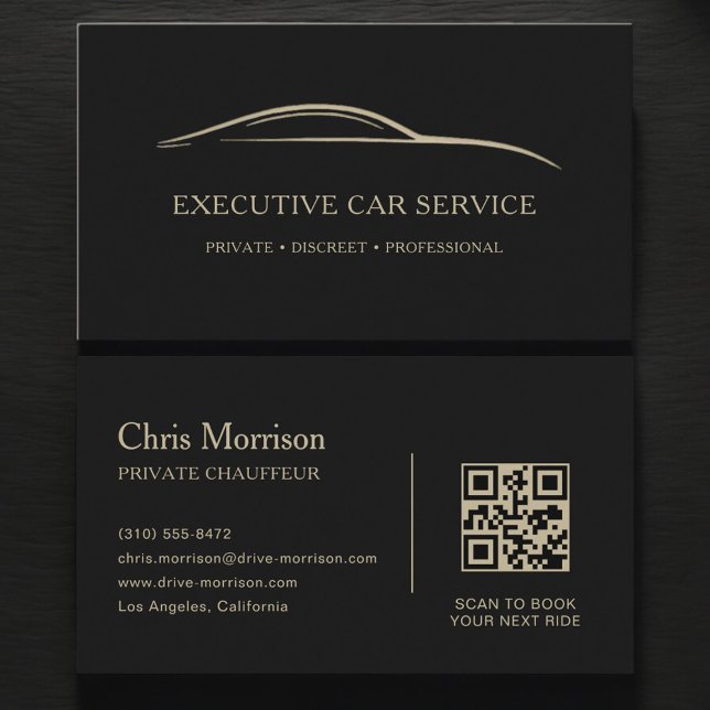 Executive Car Service QR Code Black & Gold Business Card (Creator Uploaded)