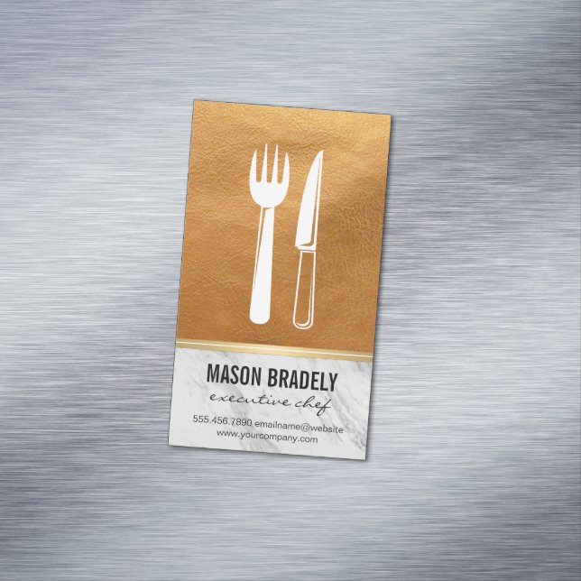 Executive Chef Gold Leather Marble Trim Magnetic Business Card (In Situ)