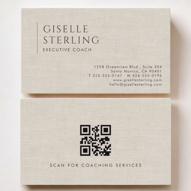 Executive Coach Luxury Neutral Linen QR Code Business Card (Creator Uploaded)