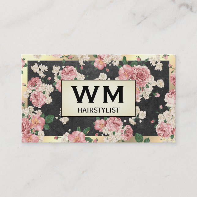 Executive Gold Frame Slate Floral Pattern Business Card (Front)