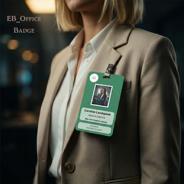 Executive Green Leather Texture Custom Logo Photo  ID Badge (Chic Green Leather Custom Logo Photo ID Vertical Badge
Size: 2.13” x 3.38”
)