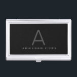 Executive Monogram Professional Classic Black Business Card Holder<br><div class="desc">Simple black,  white,  and grey monogrammed personalised name and initial on a silver business card case,  perfect for the professional executive looking for a modern and minimalist way to present business cards with classic etiquette.</div>