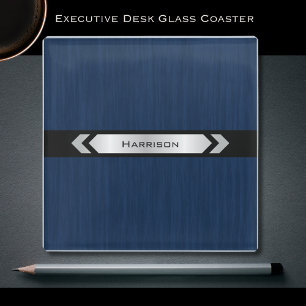 Executive Office Blue Silver Desk Accessory Glass Coaster