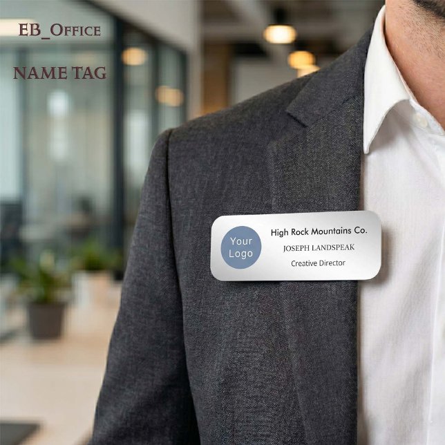 Executive Silver Metallic & Custom Logo  Name Tag (Chic Silver Classic Name Tag.
Custom 3” x 1” rectangle with rounded corners for business logos.
)