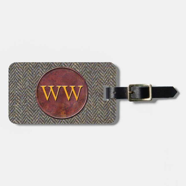 Executive Travel Tweed + Leather Custom Monogram Luggage Tag (Front Horizontal)